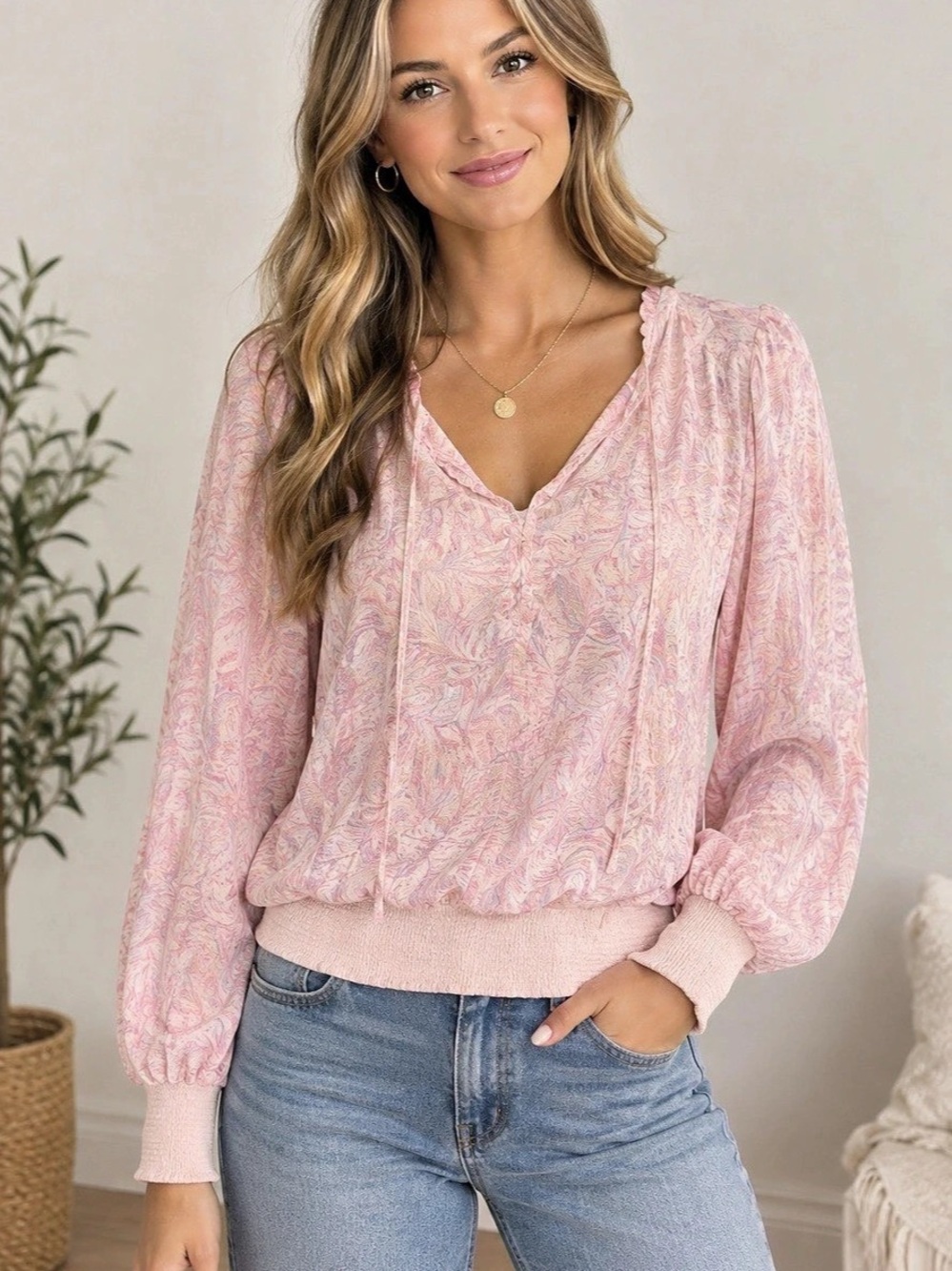 Castleberry Vintage 80’s Abstract Print V-Neck Blouse Mix Media Boho Romantic